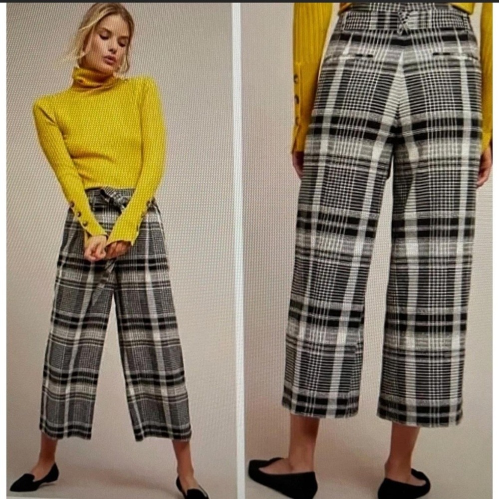 Ett:Twa Anthropologie Plaid Wide Leg Culottes Black White Pink Size 2